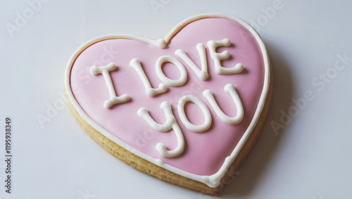 Heart-shaped icing cookie: A close-up, vibrant photo of a heart-shaped icing cookie with the words "I LOVE YOU" written in delicate icing lettering