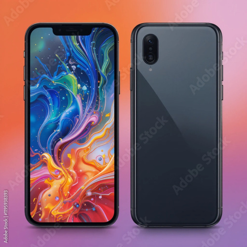 Diseño de producto frontal y trasera de un teléfono móvil con un colorido salvapantallas