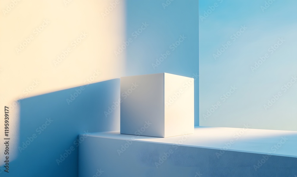 Minimalist white cube on platform, blue light. Minimalist white cube on platform, blue light.