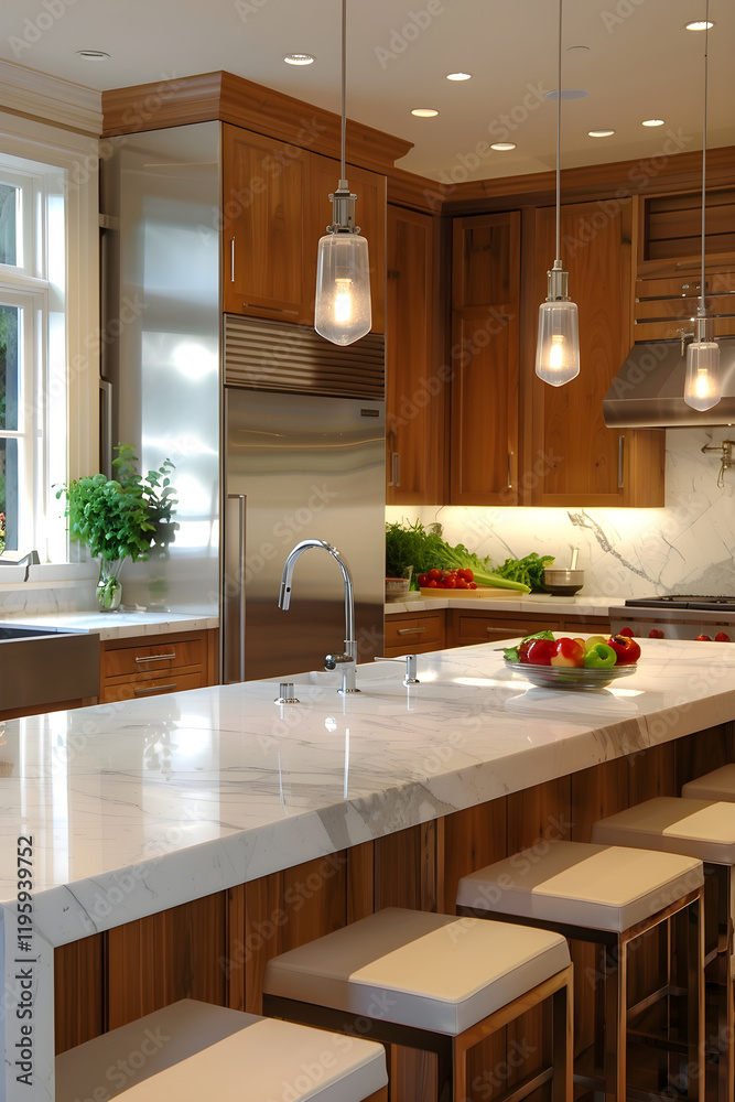 Fototapeta premium Modern Kitchen with Marble Countertops, Stainless Steel Appliances, and Wooden Cabinets in Natural Light