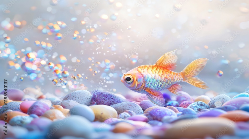 Fototapeta premium Colorful fish swimming among vibrant pebbles and bubbles.