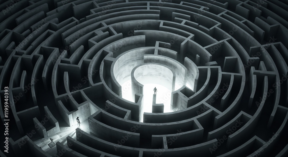 A figure stands before an intricate concrete maze, with light emanating from its center, symbolizing mystery and discovery.
A figure stands before an intricate concrete maze, with light emanating from its center, symbolizing mystery and discovery.