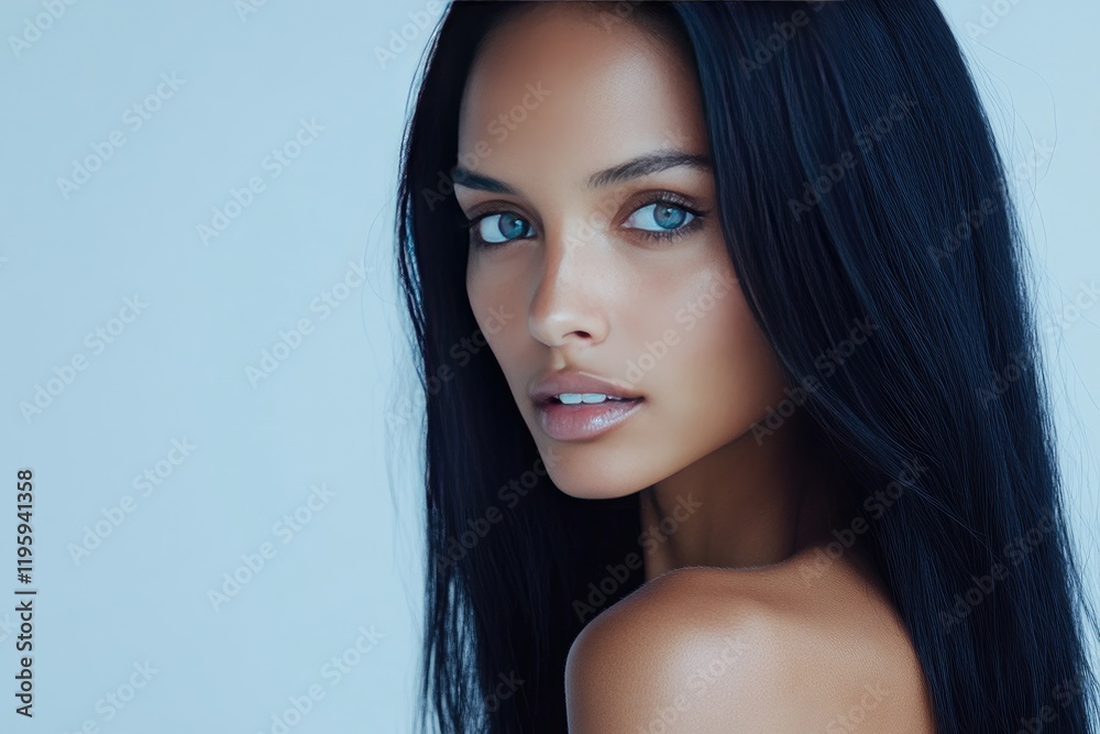 Fototapeta premium Beautiful Woman With Long Black Hair And Blue Eyes