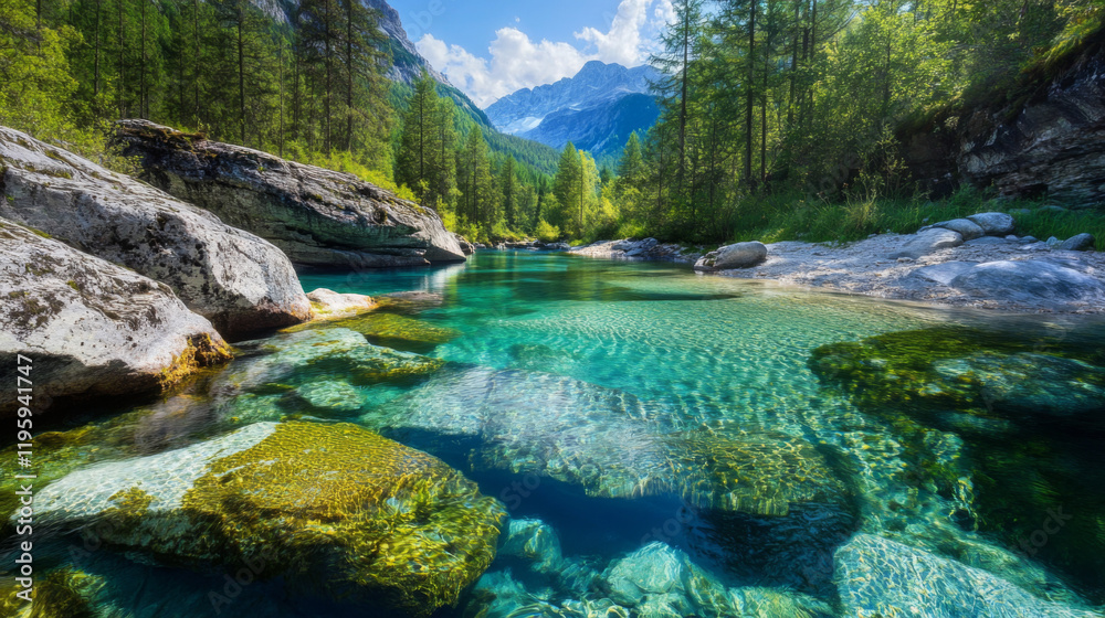 Serenity of a crystal clear river flowing through mountain landscape Serenity of a crystal clear river flowing through mountain landscape
