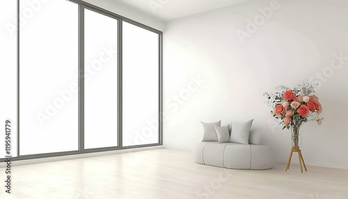 Modern minimalist apartment interior design, featuring a large window, light wooden floors, a plush white pouf with cushions, and a vibrant bouquet of flowers. Ideal for home decor photo