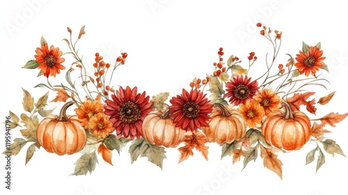 Watercolor autumn floral arrangement with pumpkins. Decorative border. Possible use greeting card, invitation, print design photo