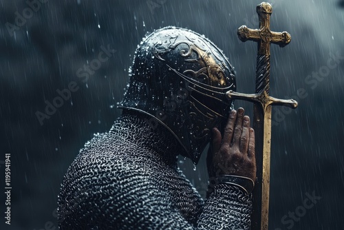 A Knight in Rain Praying with His Sword