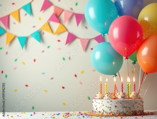 Colorful balloons, birthday cake and candles on festive party background Concept Birthday party decoration Festive balloons, colorful theme. There is space for text on the side.
