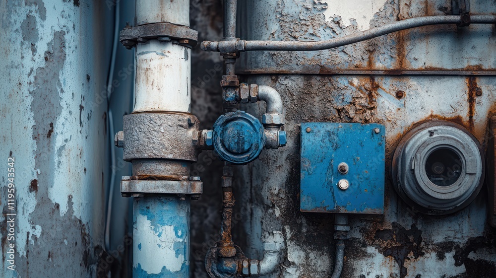 Industrial Wall with Rusty Pipes and Blue Control Panel Industrial Wall with Rusty Pipes and Blue Control Panel