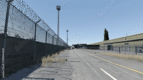 Airport perimeter road, security fence, buildings, clear sky, transportation