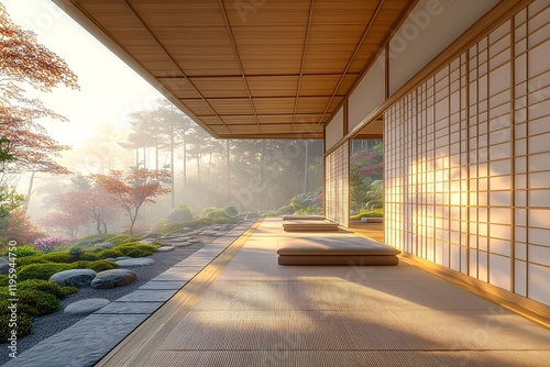 Minimalist tatami mat room with soft cushions and a serene view of a Japanese garden

 photo