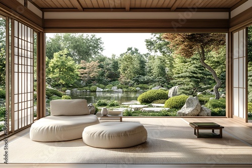 Minimalist tatami mat room with soft cushions and a serene view of a Japanese garden

 photo