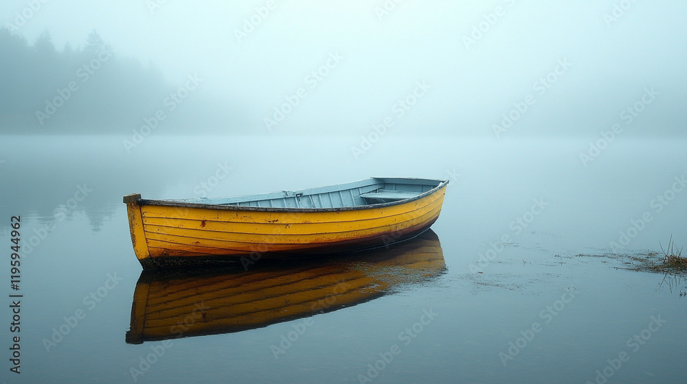 A small wooden boat rests in the middle of a calm sea with fog and mist surrounding it, symbolizing tranquility before an impending storm, capturing a sense of stillness and tension
A small wooden boat rests in the middle of a calm sea with fog and mist surrounding it, symbolizing tranquility before an impending storm, capturing a sense of stillness and tension
