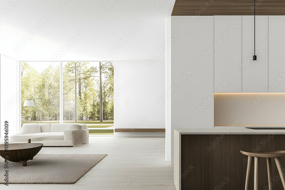Fototapeta premium Modern minimalist living room with kitchen, large windows showing a green park, ideal for home design websites and magazines