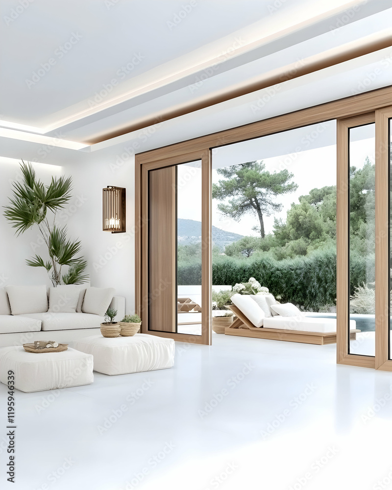 Naklejka premium Modern minimalist living room with sliding glass doors opening to a tranquil poolside patio and lush greenery. Ideal for showcasing interior design, architecture, and luxury real estate