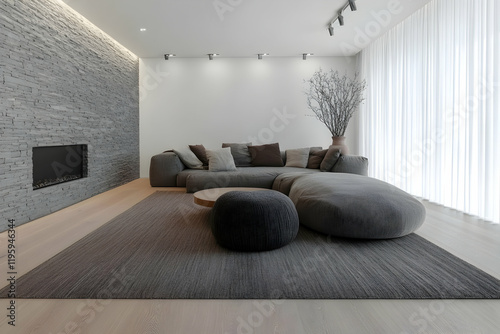 Modern minimalist living room with stone fireplace, large sectional sofa, and grey rug.  Ideal for interior design websites or home decor magazines photo