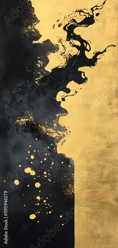 Abstract Gold and Black Ink Splatter Painting: Elegant, Modern Art photo