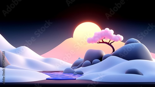 Stylized 3D render of serene winter landscape with blooming tree, mountains, and sunset.