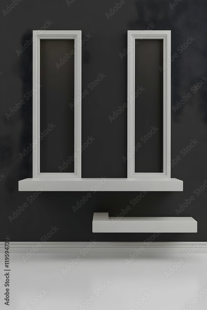 Modern minimalist shelves on dark wall, empty space for display, simple interior design, perfect for product placement Modern minimalist shelves on dark wall, empty space for display, simple interior design, perfect for product placement