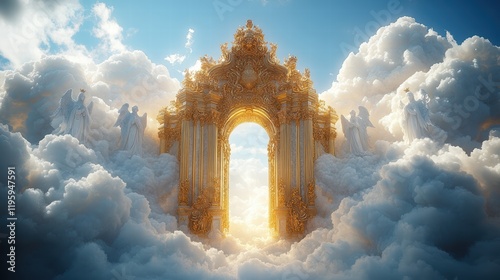White, puffy clouds in the heavens with two golden gates, white angels on each gate