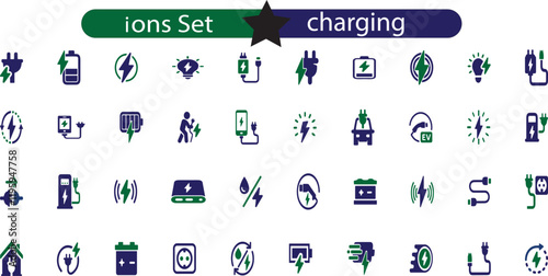 Charging icon set. Containing charge, battery, energy, electricity, charger, recharge, electric car and charging