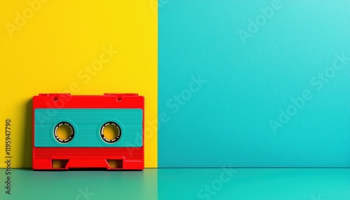Retro cassette tape placed against vibrant yellow and blue backgrounds in a minimalist style