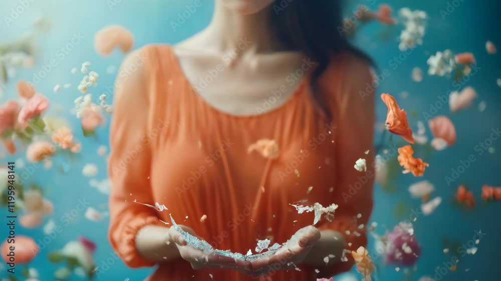 Unrecognizable woman in orange dress holding cracking glass vase with flowers against blue floral background, vase shattering, flowers falling down. Concept of broken dreams, loss, shattered hopes