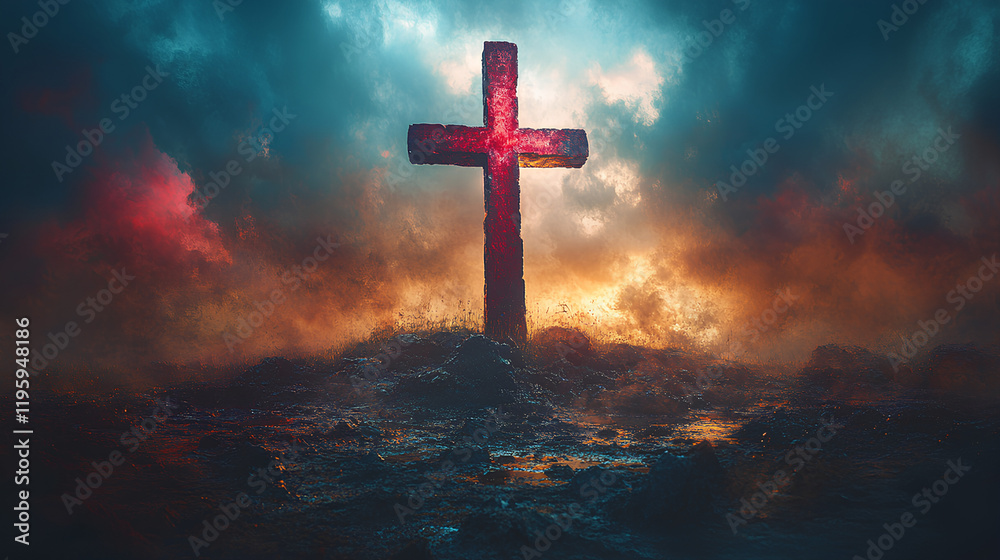 A majestic cross stands on top of an illuminated mountain, Jesus cross on a sunset A majestic cross stands on top of an illuminated mountain, Jesus cross on a sunset