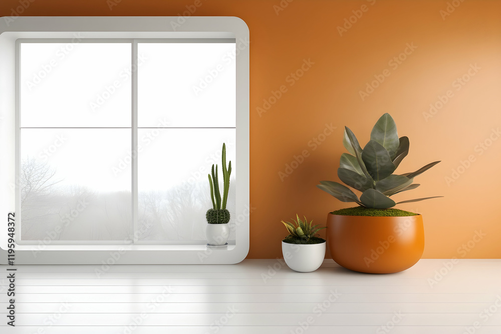 Fototapeta premium Modern orange wall interior with plants, window view, and white floor; ideal for home decor websites