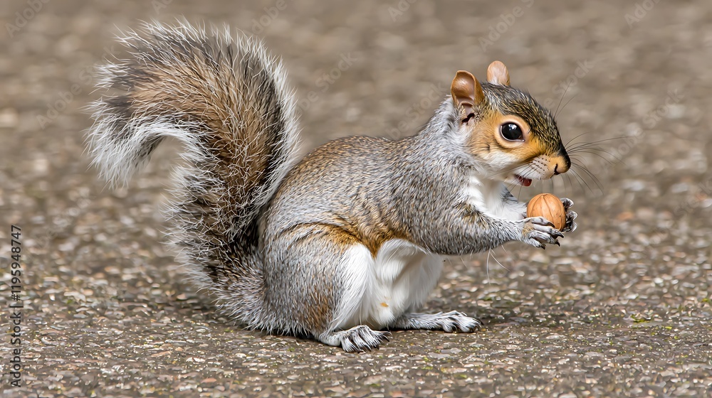 Grey squirrel eating nut outdoors on pavement Grey squirrel eating nut outdoors on pavement