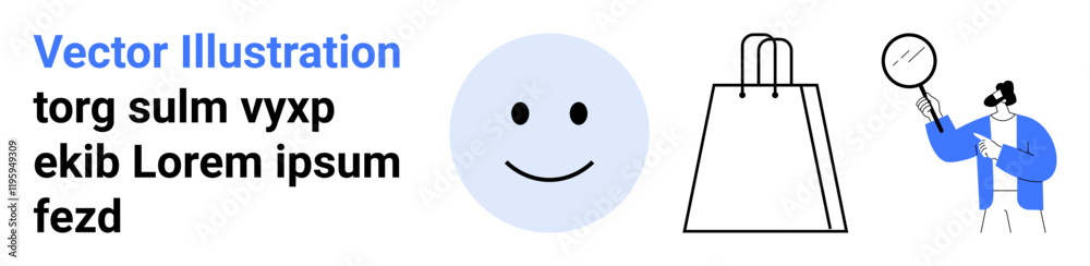 Smile face with text, shopping bag, person examining with magnifying glass. Ideal for business reviews, e-commerce, feedback, customer satisfaction, quality assurance, market analysis user Smile face with text, shopping bag, person examining with magnifying glass. Ideal for business reviews, e-commerce, feedback, customer satisfaction, quality assurance, market analysis user