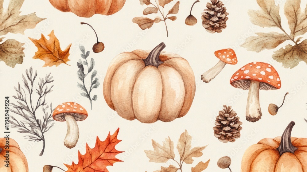 Watercolor Autumn Seamless Pattern with Pumpkins, Mushrooms, and Leaves Watercolor Autumn Seamless Pattern with Pumpkins, Mushrooms, and Leaves