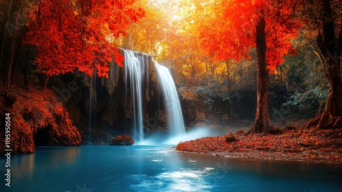 Autumn Waterfall Serenity: A Breathtaking Cascade in a Vibrant Forest