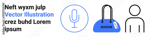 Microphone icon, blue handbag with price tag, and person outline next to textual elements. Ideal for marketing, e-commerce, retail, technology, communication presentations and branding. Landing
