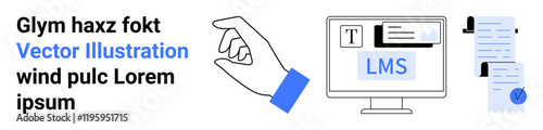 Desk setup with computer showcasing LMS, hand interacting with screen, document with checkmark. Ideal for e-learning, remote work, productivity tools, office setup, educational platforms, task