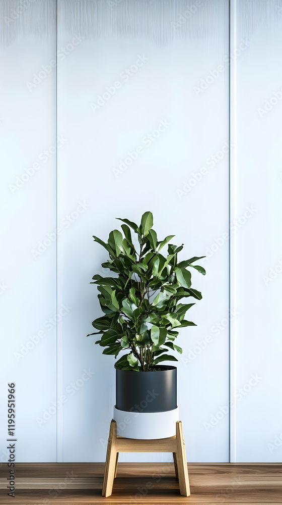 Fototapeta premium Potted plant on wooden stand against white wall; interior design, home decor, minimalist style. Use website, blog, advertisement