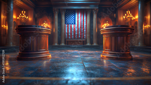 Podium with an american flags background and text