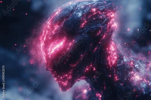 biomechanical creature with glowing cybernetic elements emerging from shadows combining organic and mechanical features in a cinematic composition photo