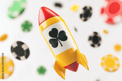 3D flying casino slot icons on white background, put seperated symbols of slot machine, clover and rocket and include yellow and black details photo