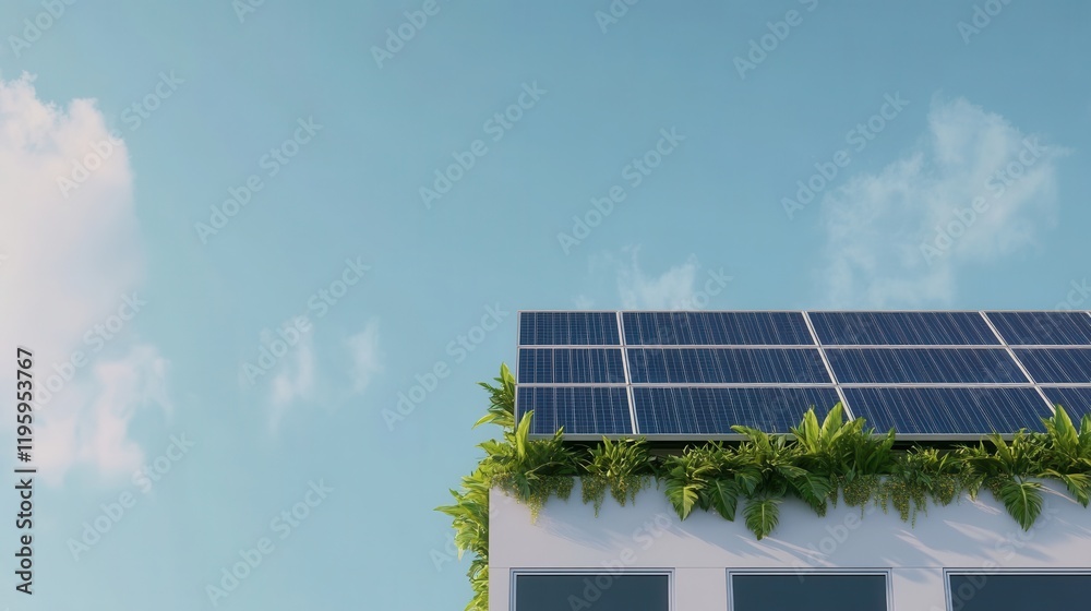 Fototapeta premium Sustainable green building upgrades. Sleek building with solar panels and greenery under a clear sky.
