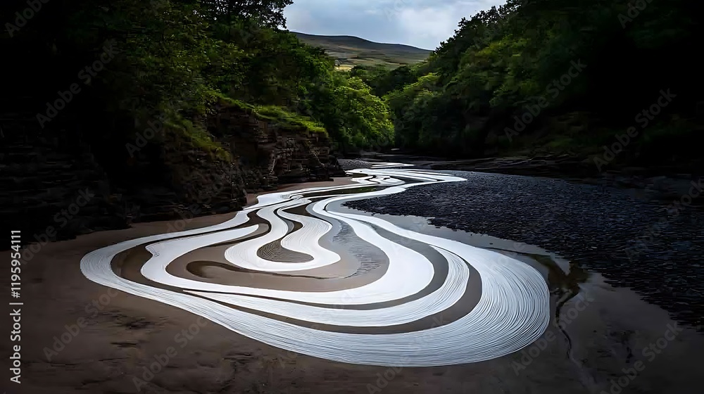 Fototapeta premium Riverbed Art Installation, Wales, Landscape, Nature, Abstract, Design, Environmental, Photography