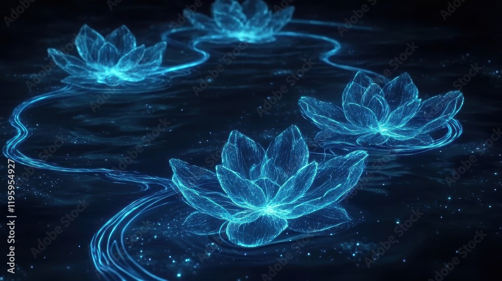 Obraz premium Luminous Lotus Blooms Glowing In Dark Water