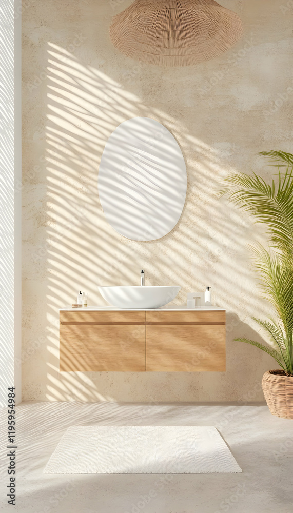 Sunlit minimalist bathroom interior design, featuring a sink, mirror, and palm plant, showcasing serenity and relaxation, ideal for home décor websites Sunlit minimalist bathroom interior design, featuring a sink, mirror, and palm plant, showcasing serenity and relaxation, ideal for home décor websites