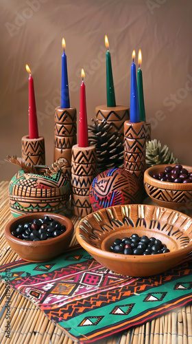 Colorful Depiction of Traditional Kwanzaa Crafts including Earthenware, Mkeka Mat, and Kinara photo