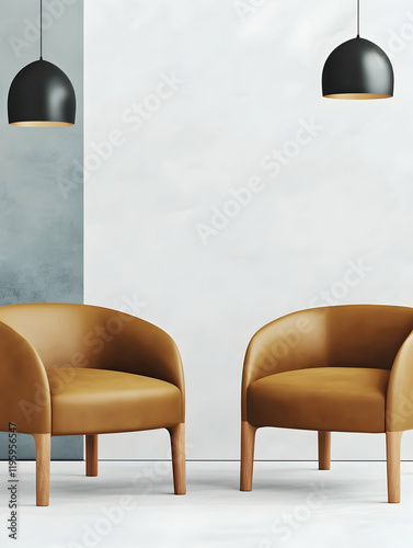 Two brown leather armchairs in a modern minimalist interior with hanging lights. Perfect for home decor websites photo