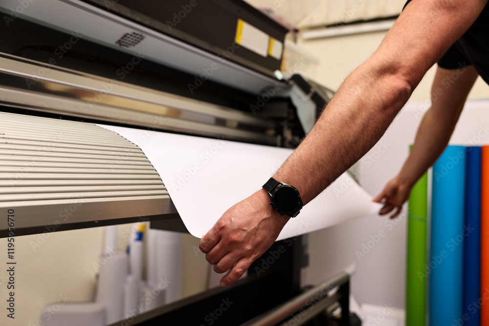 Naklejka premium Man using wide-format printer indoors, closeup. Printing house
