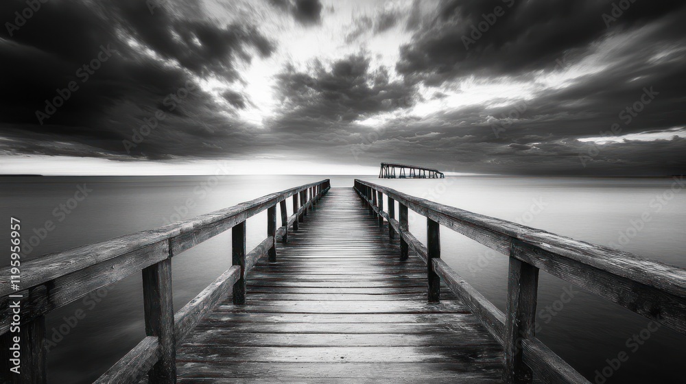 Fototapeta premium A Long Wooden Pier Extends Into the Calm Sea