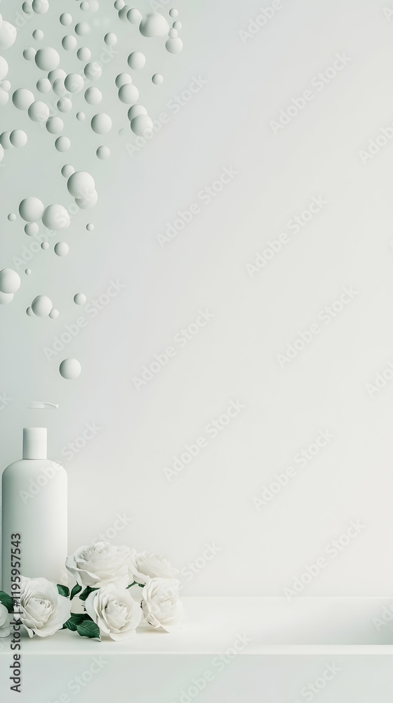 White roses and bottle on shelf against white wall; floating bubbles; background for beauty product; advertising, website, or social media White roses and bottle on shelf against white wall; floating bubbles; background for beauty product; advertising, website, or social media