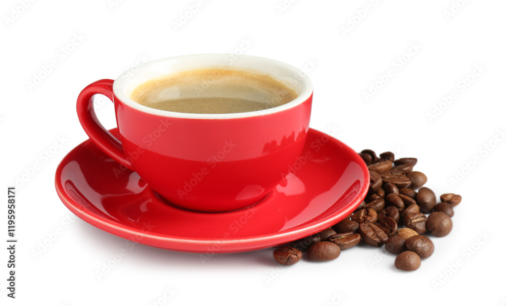 Red cup with coffee and roasted beans isolated on white Red cup with coffee and roasted beans isolated on white