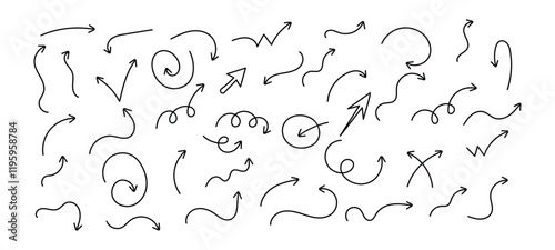 Vector hand drawn carve arrow set, doodle arrow collection, black arrow pointers.